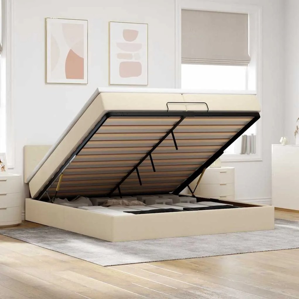 vidaXL Estrutura de cama otomana com colchões tecido creme 200x200cm