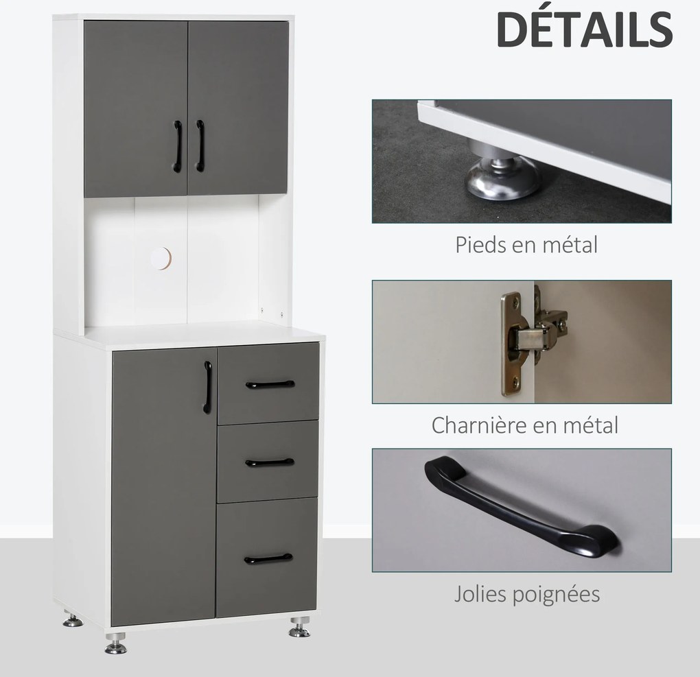 Armário alto de cozinha com 3 portas, 3 gavetas e bancada 60 x 40 x 160 cm, cinzento