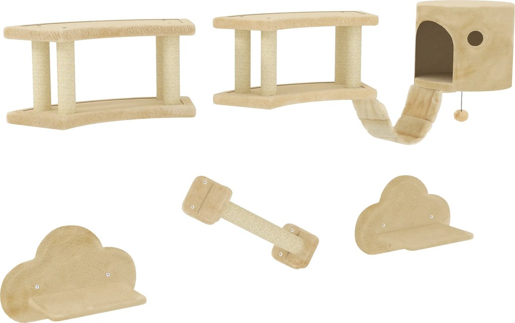 PawHut Conjunto de Escalada para Gatos 5 peças com Poste Arranhador, Plataformas de Salto, Escada, Casinha, Montagem na Parede, Bege | Aosom Portugal