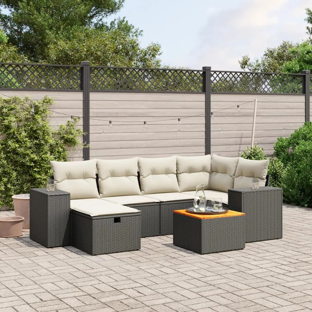 7 pcs conjunto de sofás p/ jardim c/ almofadões vime PE preto