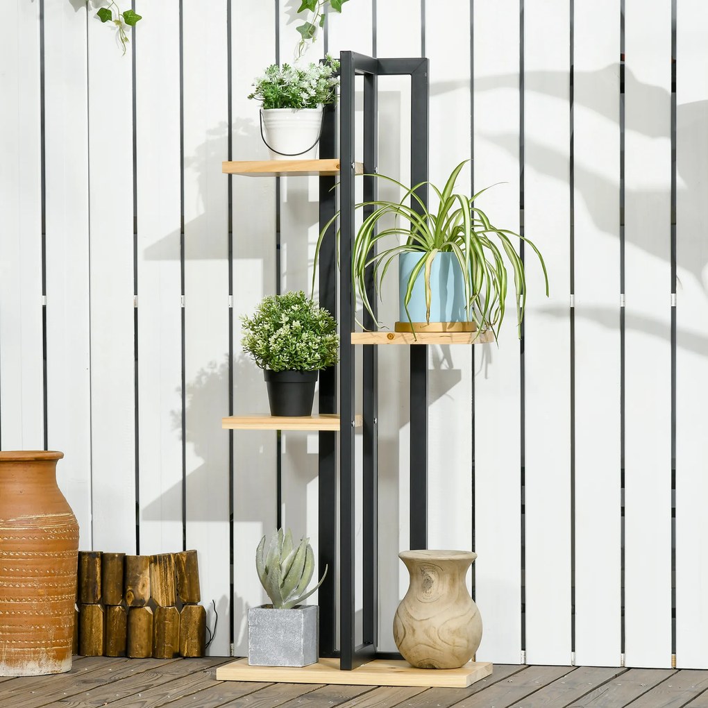 Estante para plantas 45 x 25 x 110 cm em forma de escada com 4 níveis de alturas diferentes, estilo industrial, em madeira, preto e natural