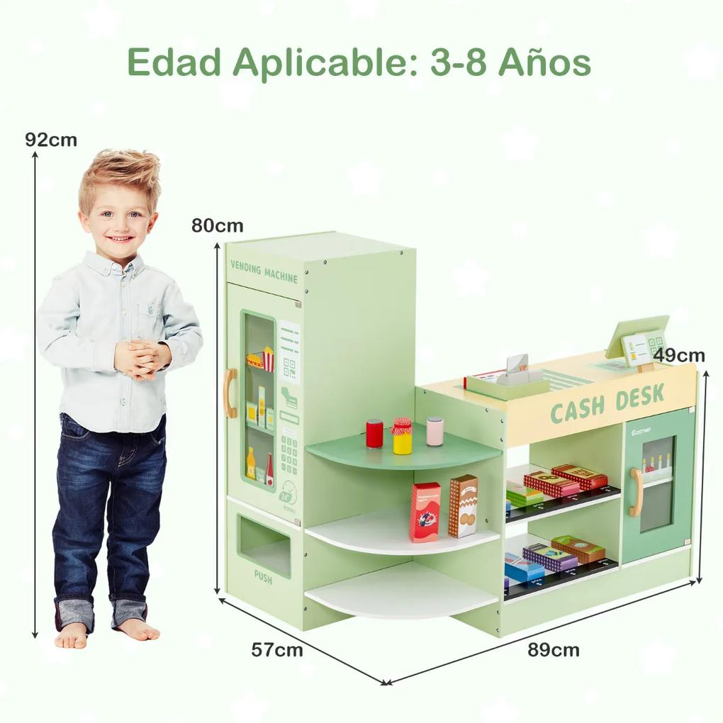 Mercearia para crianças 3-8 anos de idade Supermercado de madeira com caixa registadora POS Máquina de venda automática Verde