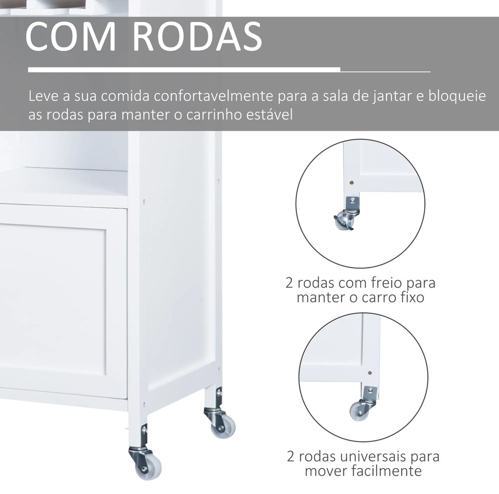 HOMCOM Carrinho de Cozinha Auxiliar com Rodas Carrinho de Cozinha com 2 Gavetas Suporte para 9 Garrafas Suporte para Taças Prateleira Aberta e Armário 76x40x88cm Branco
