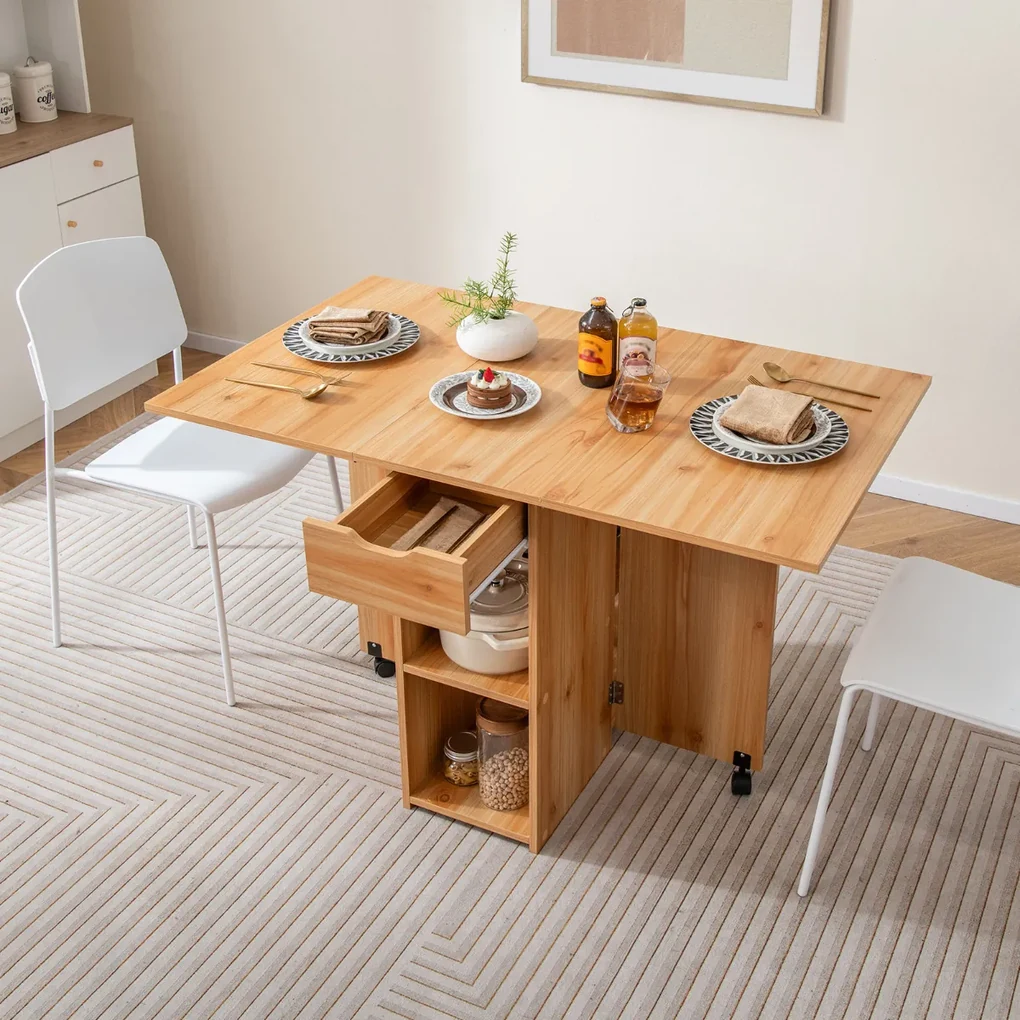 Mesa de jantar dobrável com 2 rodas para espaços pequenos com gaveta ...