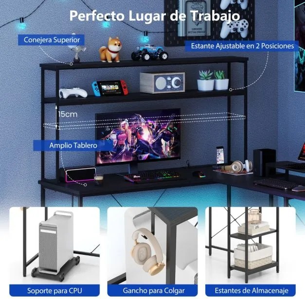 Secretária 145 x 145 x 147 cm em forma de L convertível com tomadas e portas USB e iluminação inteligente preta