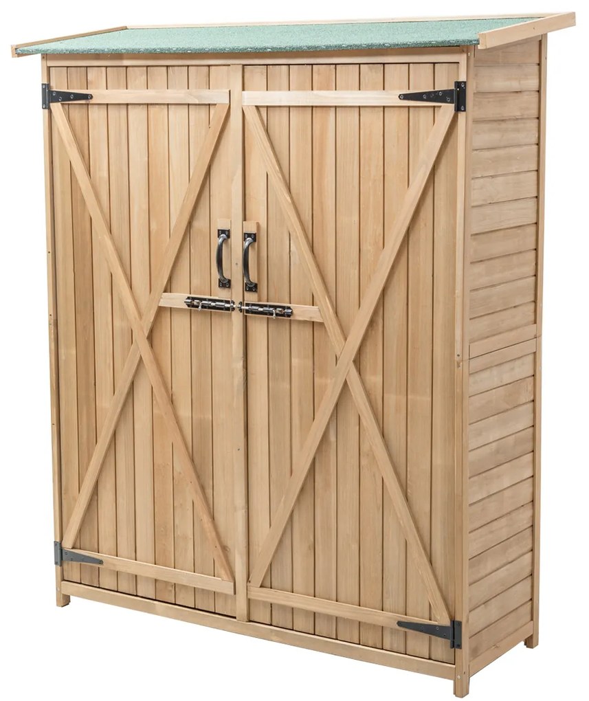 Armário para ferramentas de jardim com telhado inclinado, portas e prateleiras com trava dupla 140 x 50 x 162 cm natural