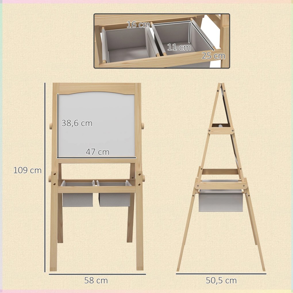 AIYAPLAY Cavalete para Crianças 3 em 1 Cavalete Duplo com Quadro preto e Quadro Branco Cavalete de Madeira para Desenhos com Rolo de Papel e 2 Cestas 58x50,5x109 cm Madeira