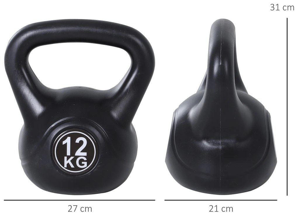 Peso Russo de 12 kg Kettlebell Preenchido de Areia com Punho Largo e Antiderrapante para Trenos em Casa e Ginásio 27x21x31 cm Preto