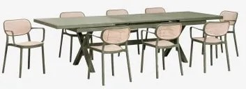 Conjunto De Mesa Retangular Extensível Karena 240-300x100 Cm E 8 Cadeiras De Jardim Empilháveis Com Apoios De Braços Omara Verde Azeitona Intenso -