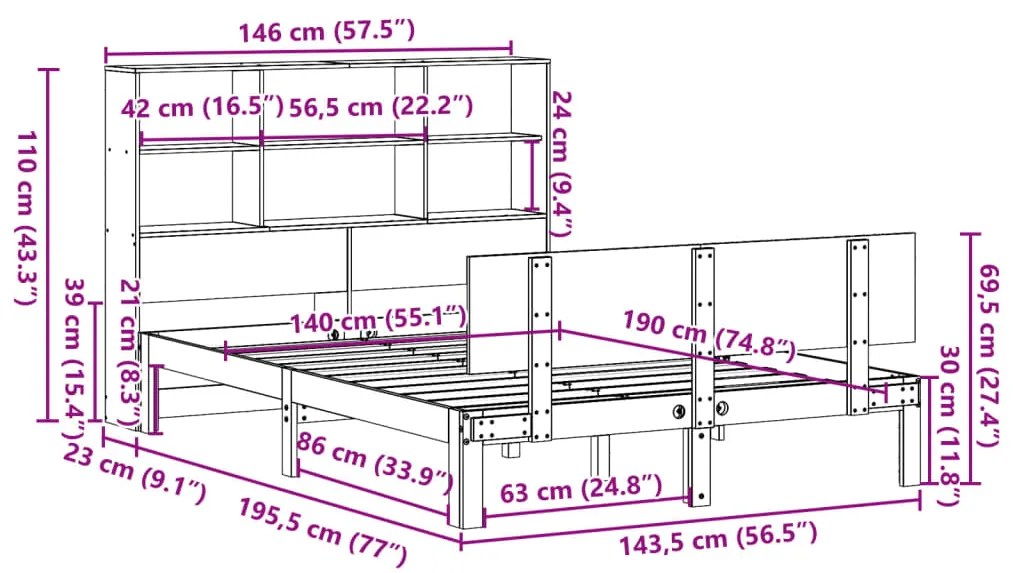 Cama com estante sem colchão 140x190 cm pinho maciço