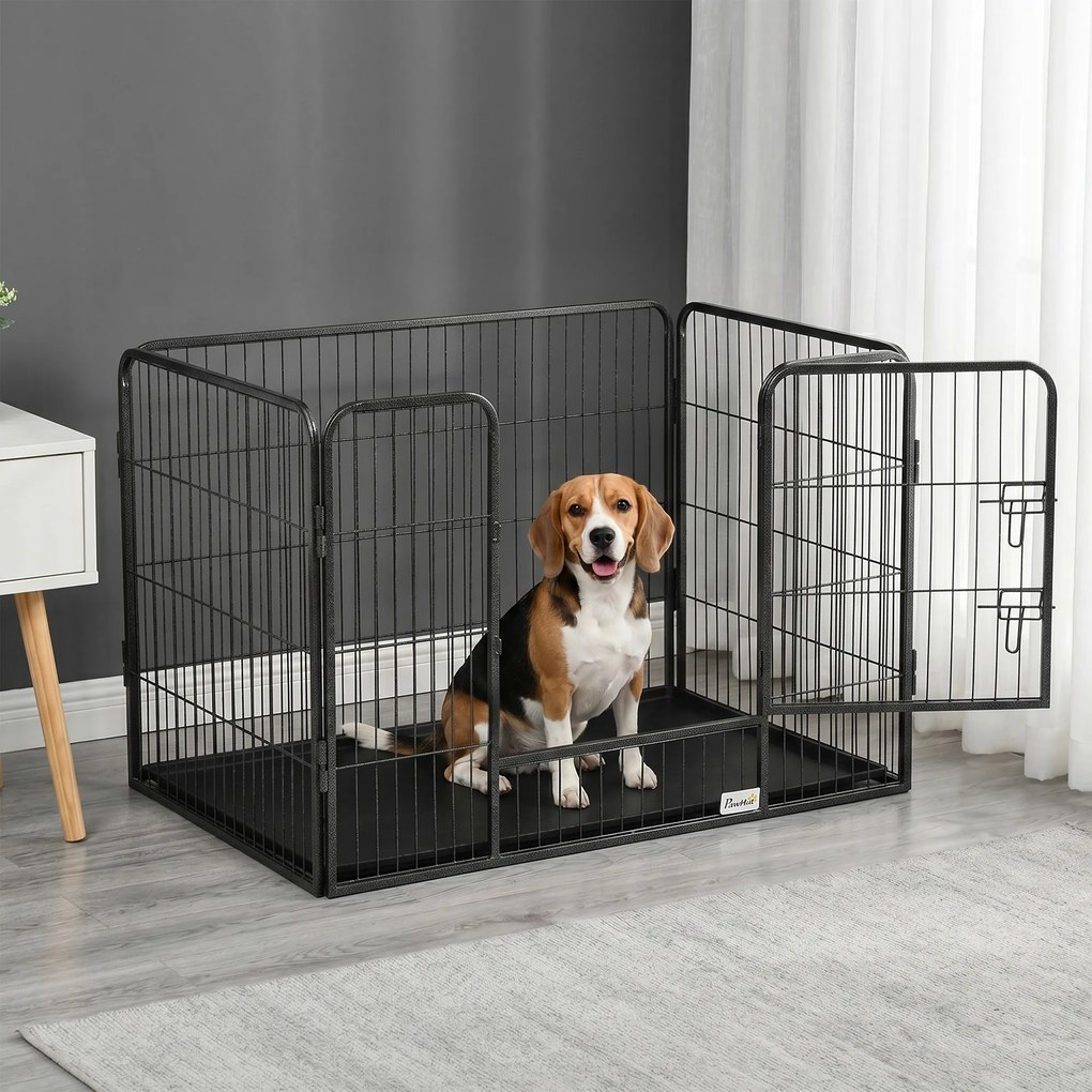 Parque para cães 109 x 74 x 71 com 4 painéis de rede metálica e porta com fechadura, Preto