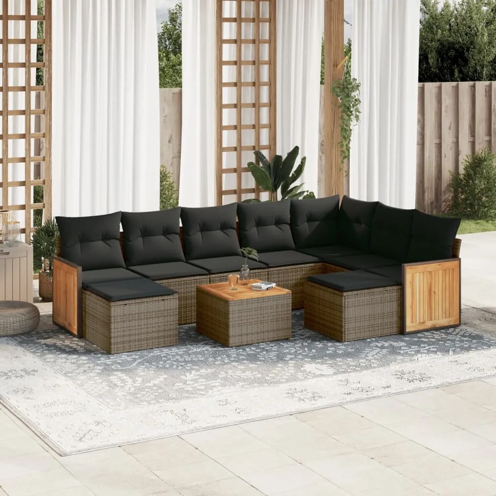 vidaXL 10 pcs conjunto sofás de jardim c/ almofadões vime PE cinzento
