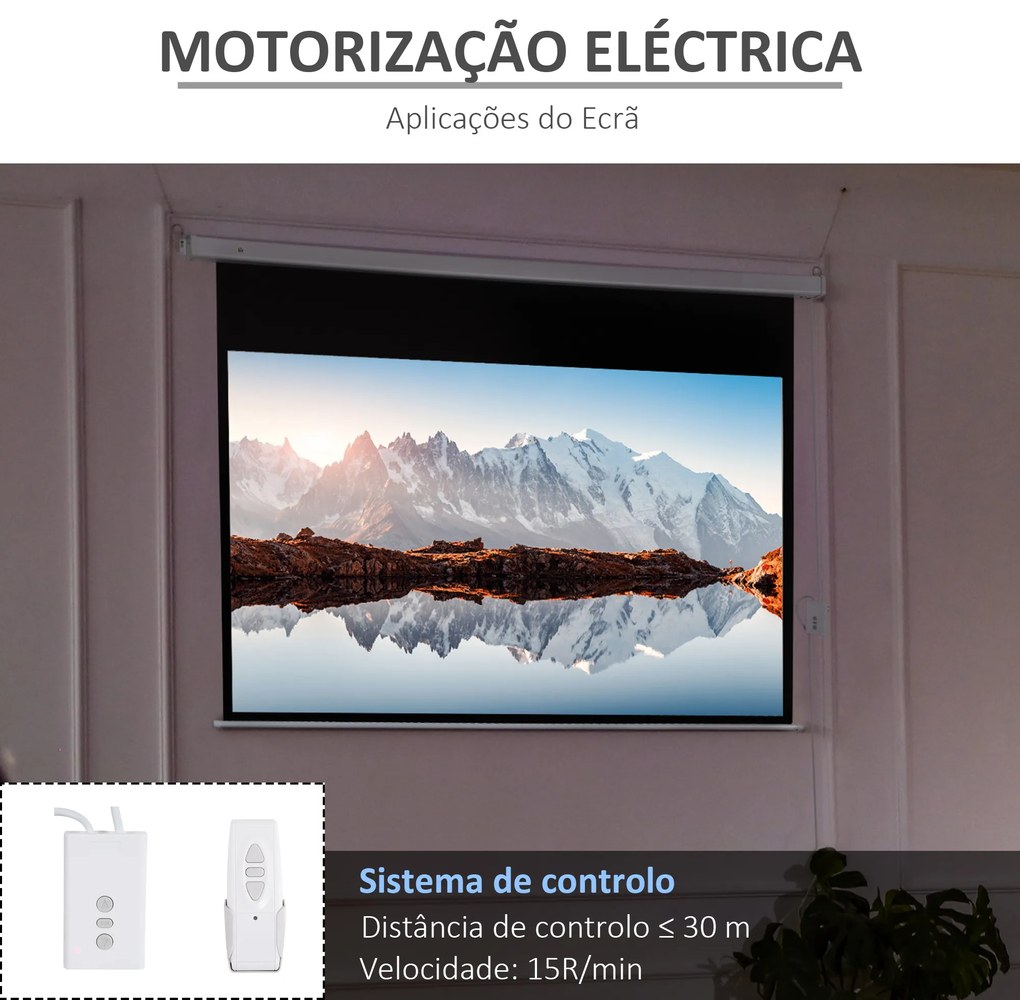Tela de Projeção Elétrica 100 Polegadas Tela de Projeção Motorizada Formato 16:9 com Controlo Remoto para Cinema am Casa Exterior Festas 253x7,5x168cm