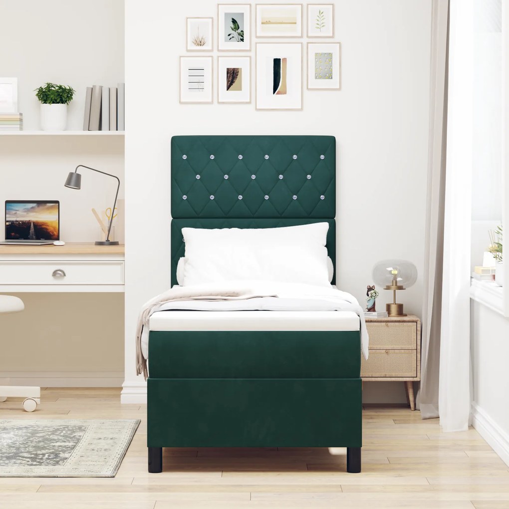 Cama Box Spring com Colchão Verde Escuro 80x200 cm Veludo