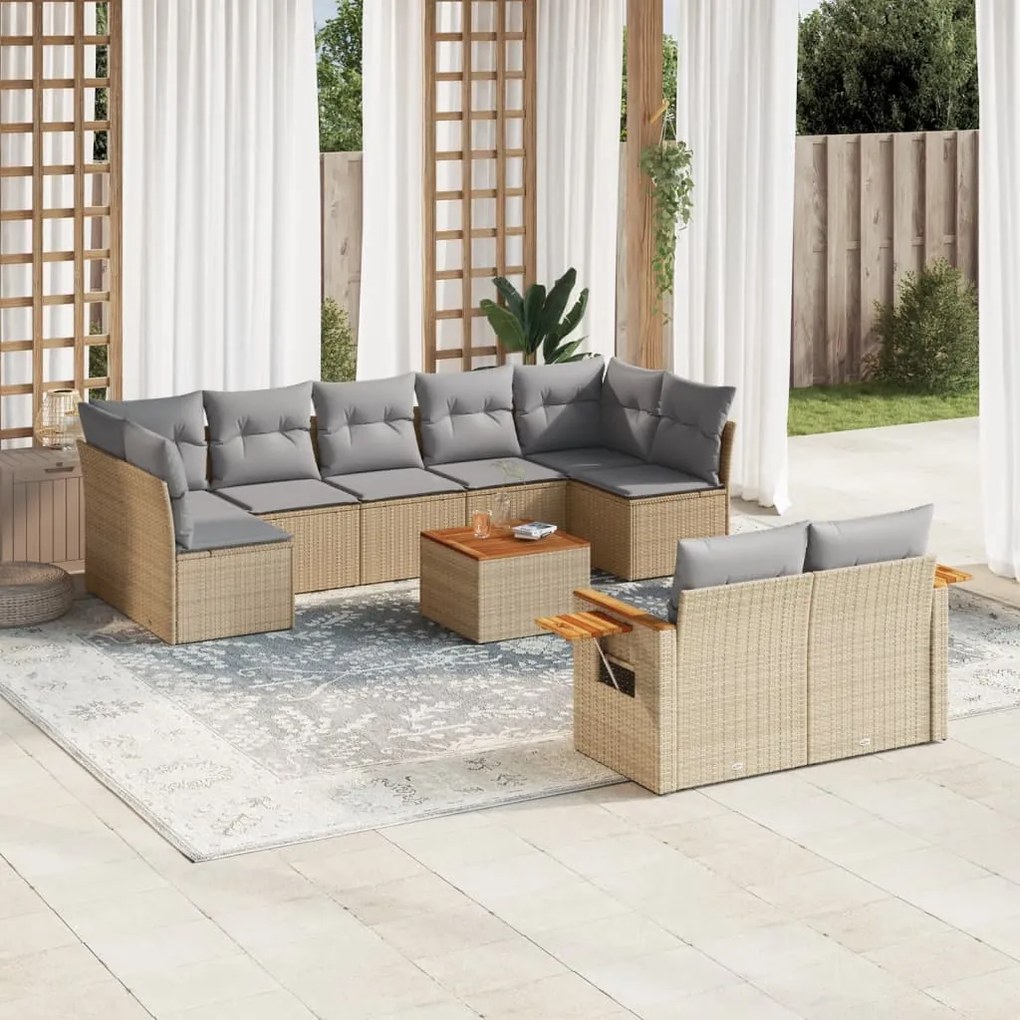 10 pcs conjunto de sofás p/ jardim com almofadões vime PE bege