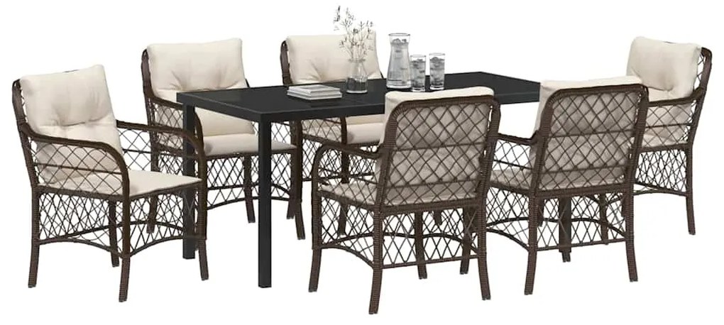 Conjunto de Jantar de Jardim com 7 Peças e Almofadas Marrons em Rattan