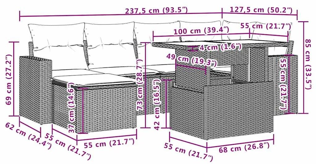 7 pcs conjunto de sofás p/ jardim c/ almofadões vime PE preto