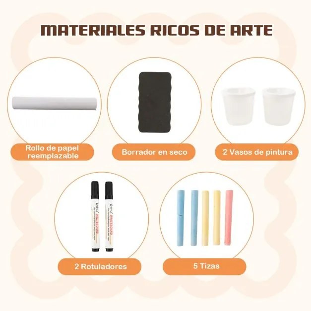 Conjunto de mesa e banco para crianças com cavalete ajustável de dupla face Quadro de giz magnético e rolos de papel substituíveis Cinzento