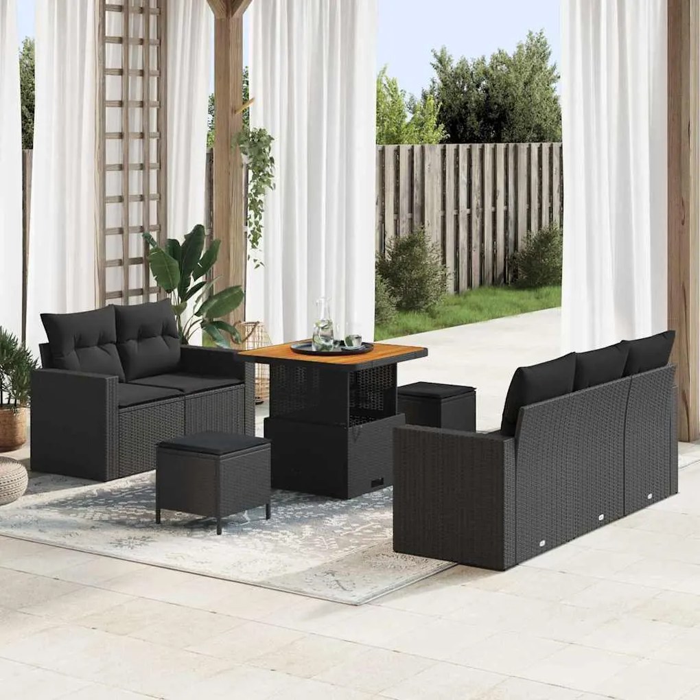 vidaXL Conjunto de Sofá de Jardim de 8 Peças com Almofadas Preto Rattan Sintético e Acácia