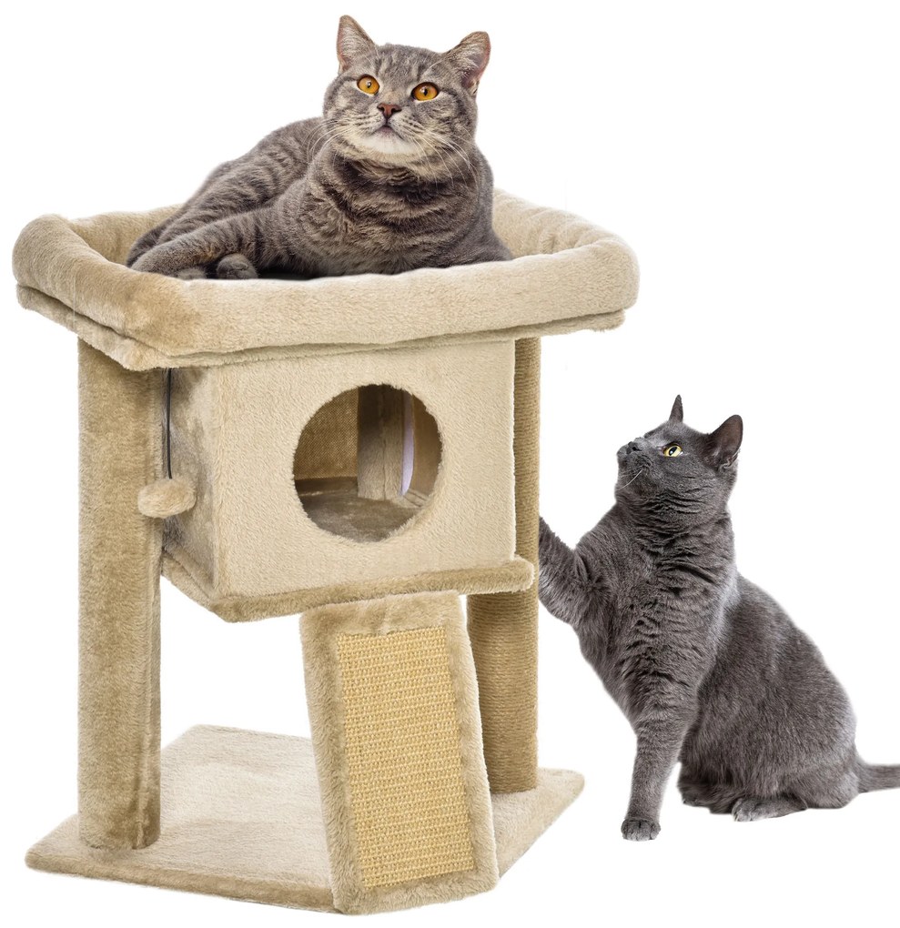 Arranhador para Gatos Pequenos com Poste de Juta Rampa Caverna e Bola Suspensa 40x40x57 cm Areia