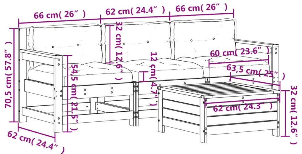 4 pcs conjunto lounge de jardim c/ almofadões pinho impregnado
