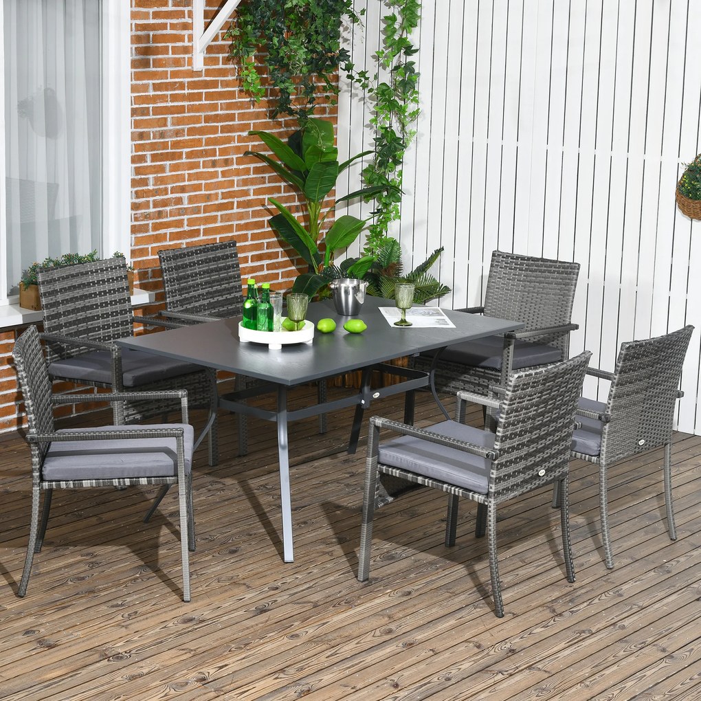 Conjunto de Refeição de Jardim em Vime Sintético Conjunto de 7 Peças Inclui 6 Cadeiras com Almofadas e Mesa de Metal Cinza