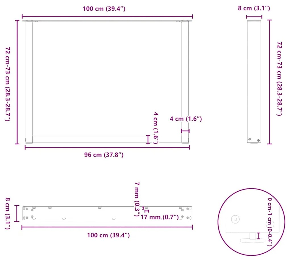 Pés de mesa de jantar em forma de U, 2 peças, branco, 100x (72-73) cm,