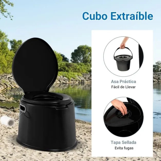 Sanita portátil 5 L para campimo 41 x 49 x 34 cm com tampa e cubo interno removível, WC portátil para viagens ao ar livre Preta