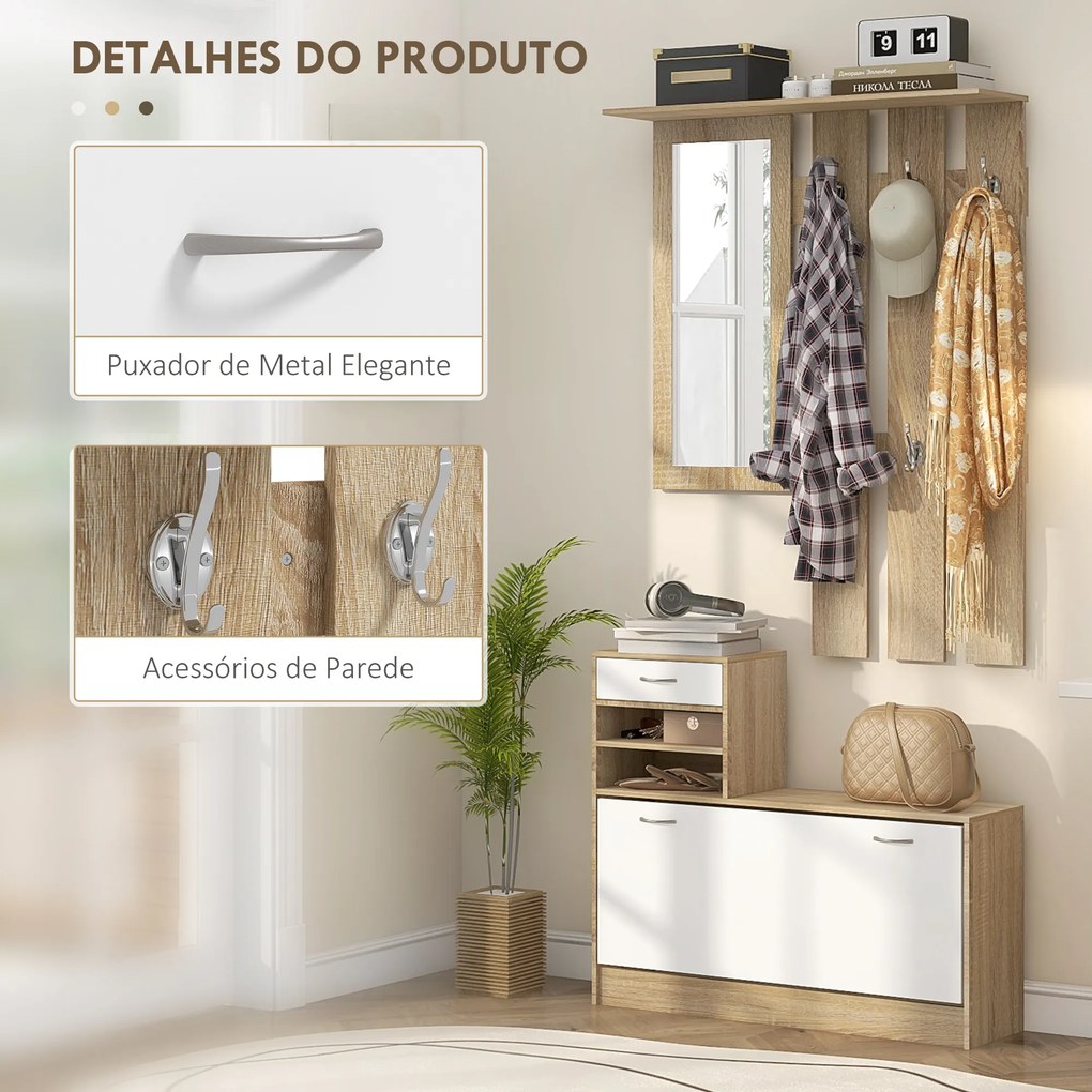Móvel Cabide de Entrada de 3 Peças Armário de Entrada com Cabide Espelho Sapateira e Gaveta 90x10x102 cm Branco e Madeira