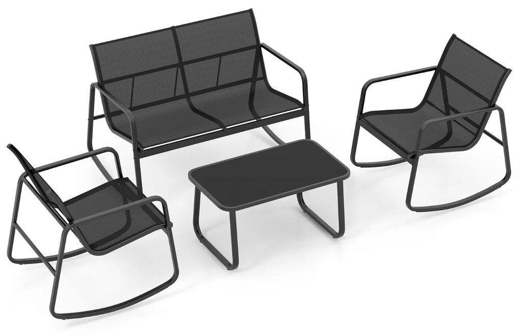 Conjunto de cadeiras de baloiço de jardim de 4 peças, com 2 cadeiras de baloiço Sofá de 2 lugares e mesa com tampo de vidro Preto