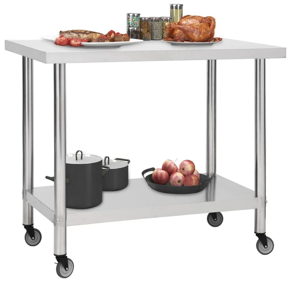 Mesa de trabalho de cozinha com rodas aço inoxidável 80x60x85cm