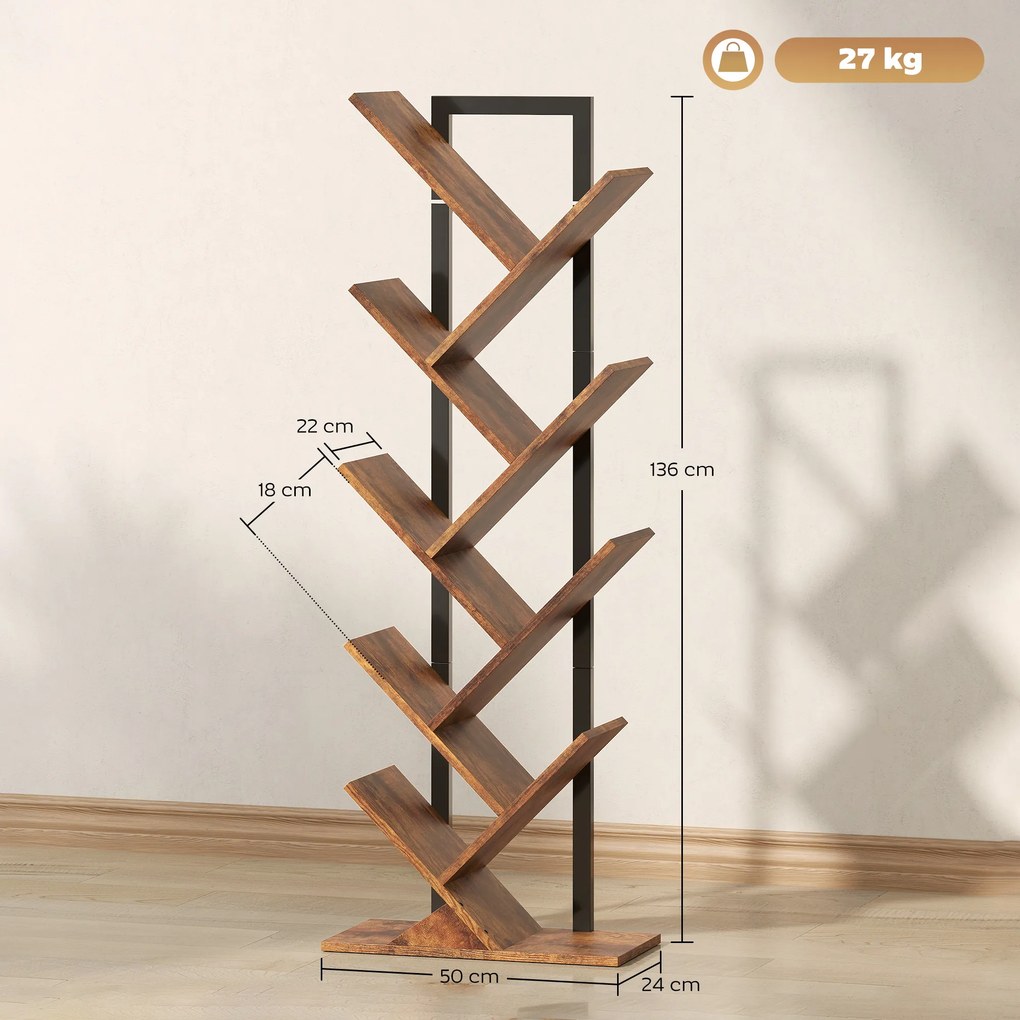 Estante em forma de árvore com 9 níveis 50 x 24 x 136 cm, móvel de arrumação industrial com estrutura em aço, castanho rústico