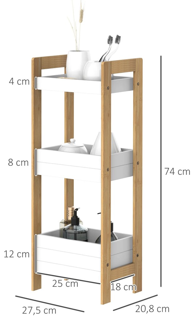 Móvel Auxiliar de banheiro com 3 Prateleiras Organizadoras de Bambu 27,5x20,8x74 cm Cor Branco e Natural