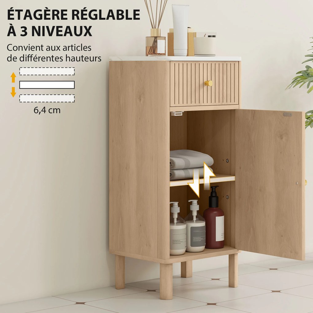 Móvel de casa de banho 36 x 30 x 80 cm, móvel de arrumação com tampo com efeito de mármore e porta com ranhuras, gaveta cor carvalho