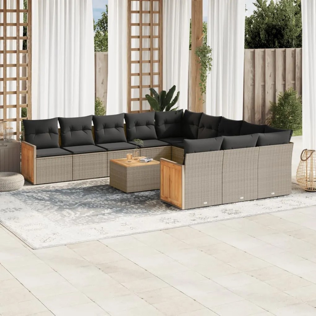 12 pcs conjunto de sofás jardim c/ almofadões vime PE cinzento