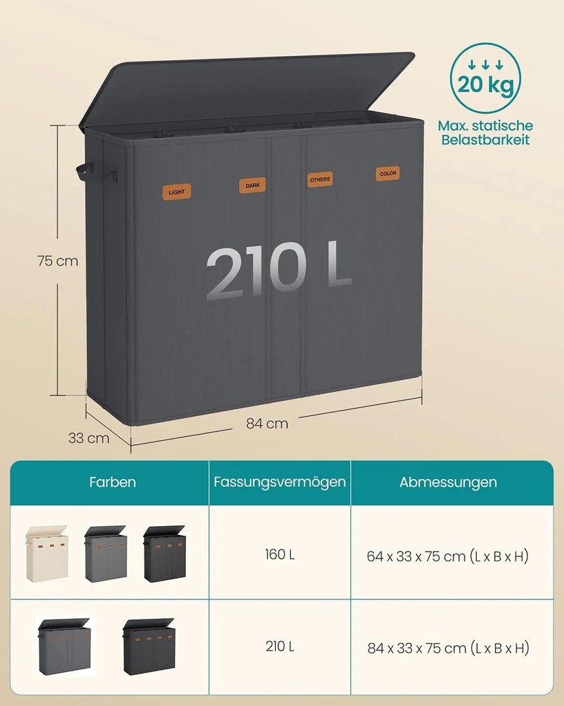 Cesto para roupa suja com três compartimentos (210L) 84 x 33 x 75 cm Cinzento