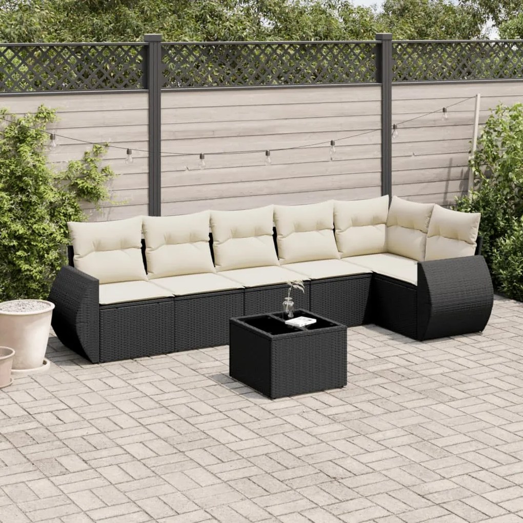 7 pcs conjunto de sofás p/ jardim c/ almofadões vime PE preto