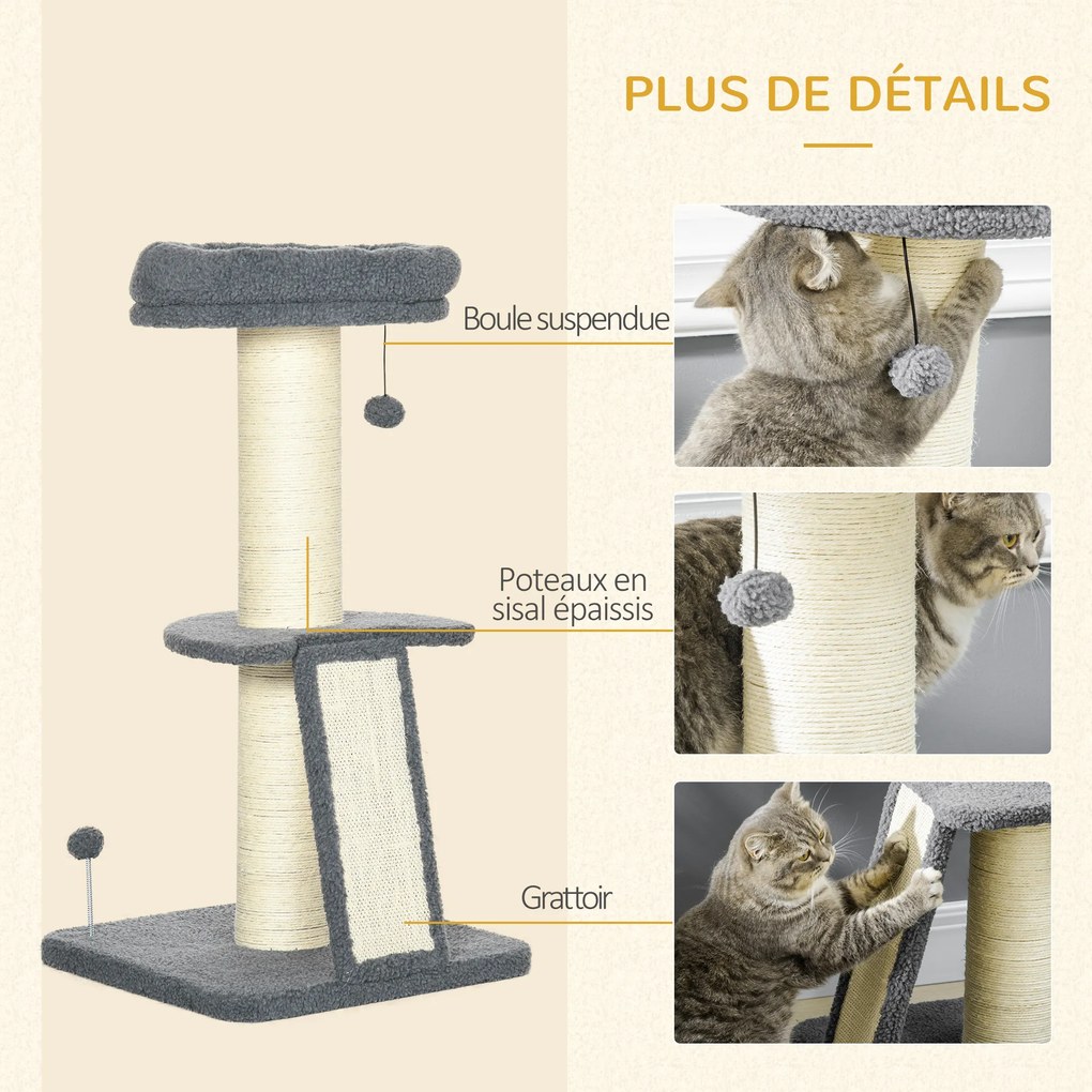 Árvore para gatos com arranhador em forma de tronco de sisal, bolas suspensas e plataforma de observação, altura 92 cm - cinzento