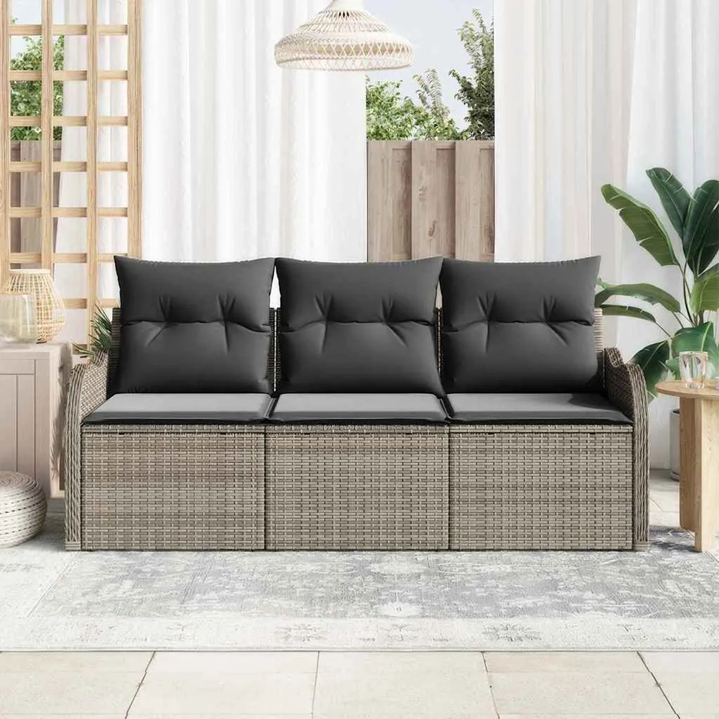 Conjunto de Sofá de Jardim de 3 Peças com Almofadas Cinza de Rattan