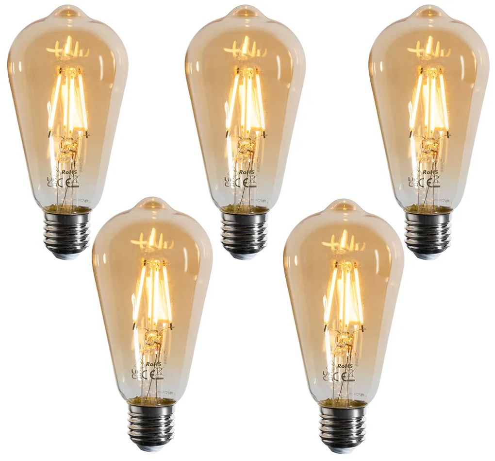 Conjunto de 5 lâmpadas de filamento LED E27 reguláveis ST64 douradas 4,5W 450 lm 2200K