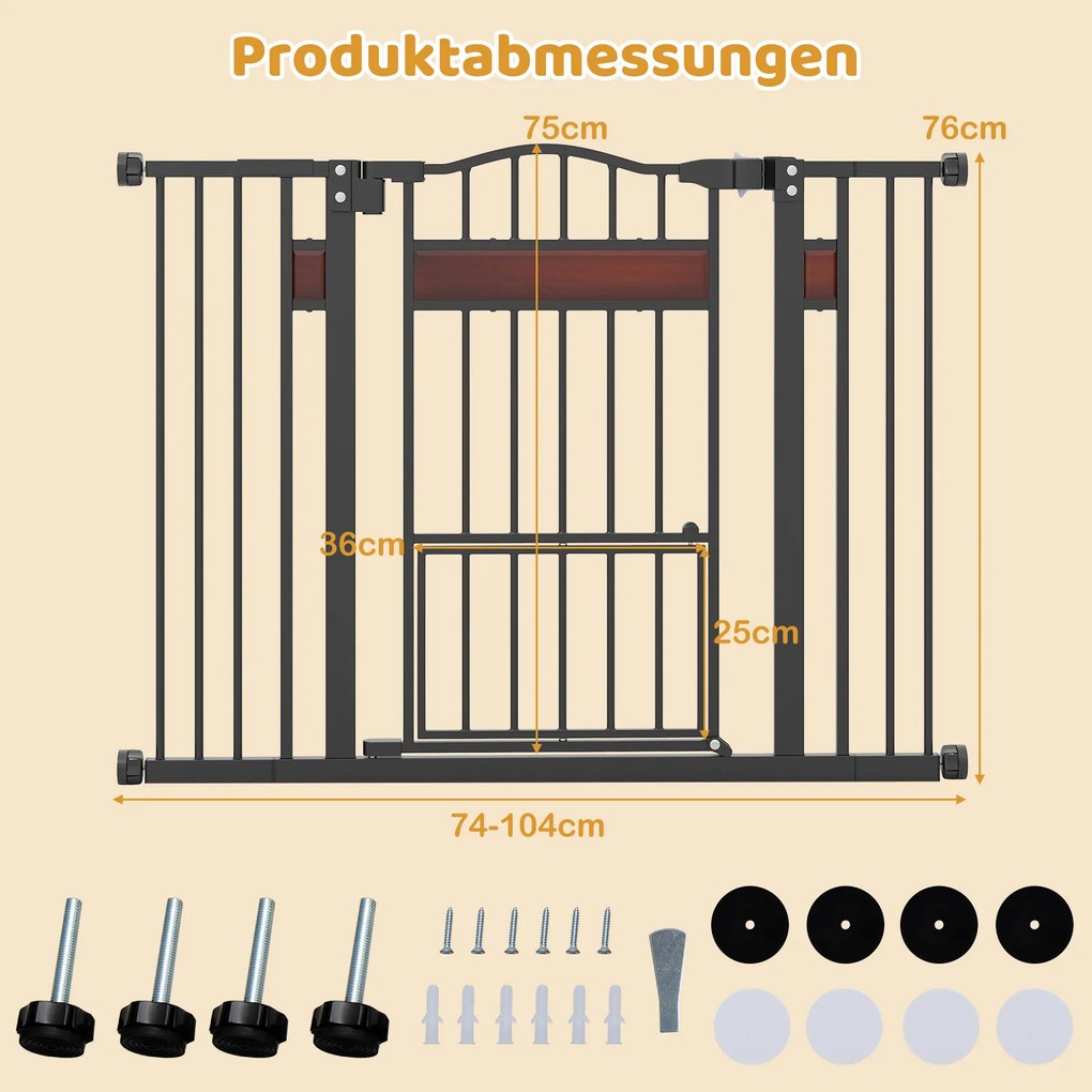 Grelha de proteção para cães 74-104 cm x 76 cm, grelha para porta sem perfuração,com porta pequena, preta
