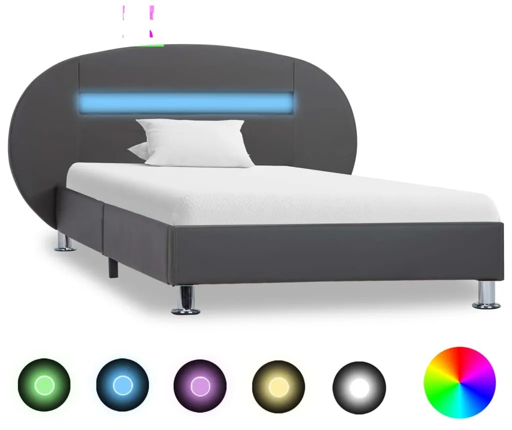 vidaXL Estrutura de cama c/ LEDs 90x200 cm couro artificial cinzento