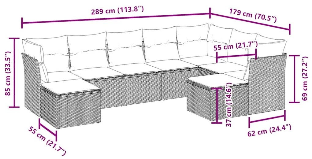 9 pcs conjunto de sofás p/ jardim c/ almofadões vime PE preto