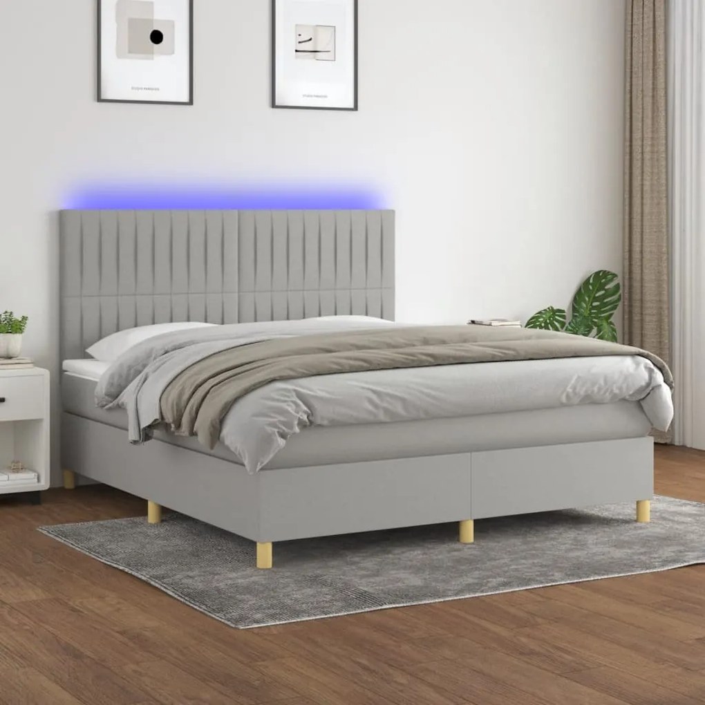 Cama box spring c/ colchão e LED 180x200 cm tecido cinza-claro