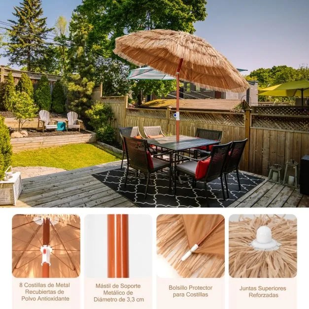 Guarda-sol havaiano Tiki com telhado de palha portátil e design inclinado para áreas externas 175 x 194 cm Natural