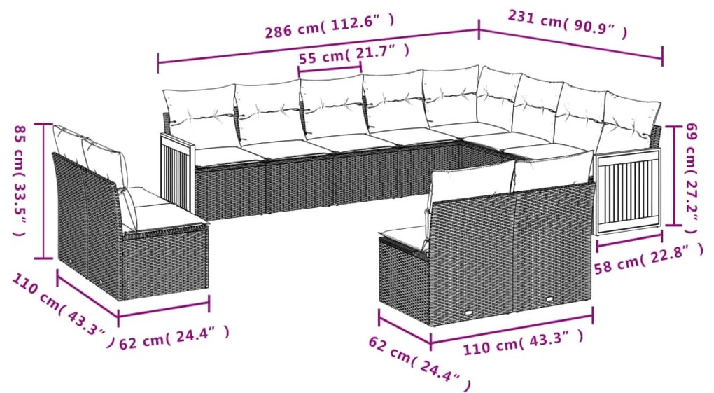 12 pcs conjunto de sofás p/ jardim com almofadões vime PE bege