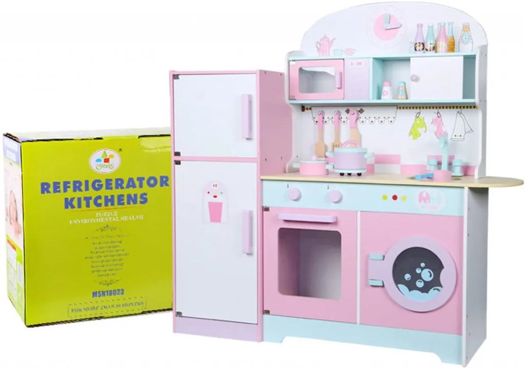 Cozinha de brincar de madeira rosa com frigorifico
