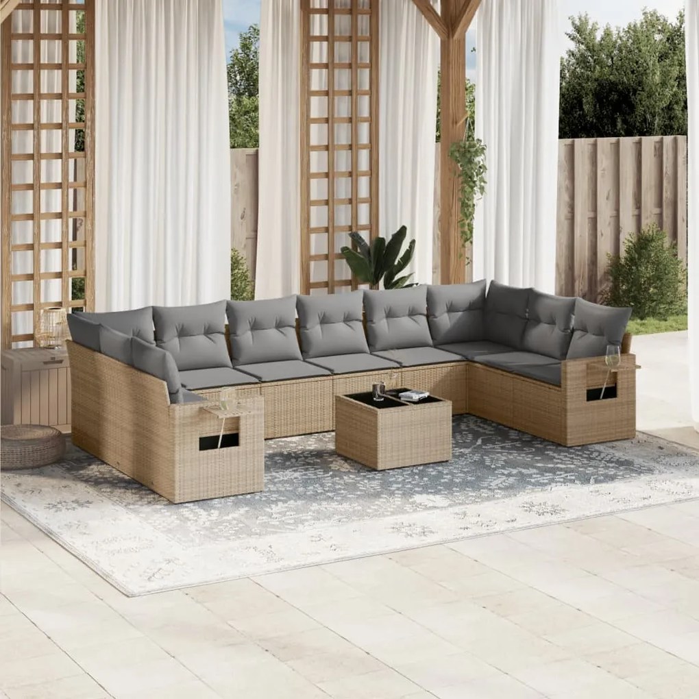 11 pcs conjunto sofás de jardim c/ almofadões vime PE bege