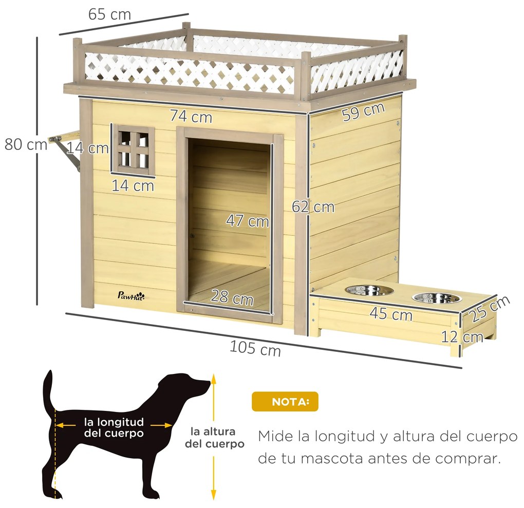 Casa para Cães de Madeira Casa para Cães Pequenos com 2 Janelas 2 Tigelas de Aço Inoxidável e Espaço de Cultivo para Interior e Exterior 105x65x80cm N