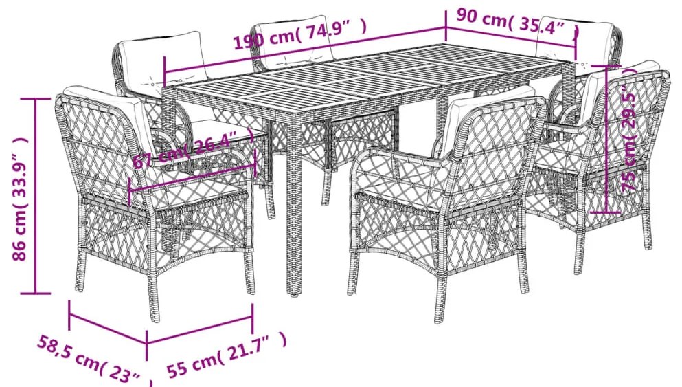 7 pcs conjunto de jantar p/ jardim c/ almofadões vime PE preto